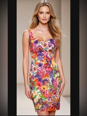 ROBERTO CAVALLI Class Floral Cotton Wiggle Pencil Dress w/ Signature XS/S